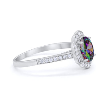 Art Deco Oval Wedding Ring Simulated Rainbow CZ 925 Sterling Silver